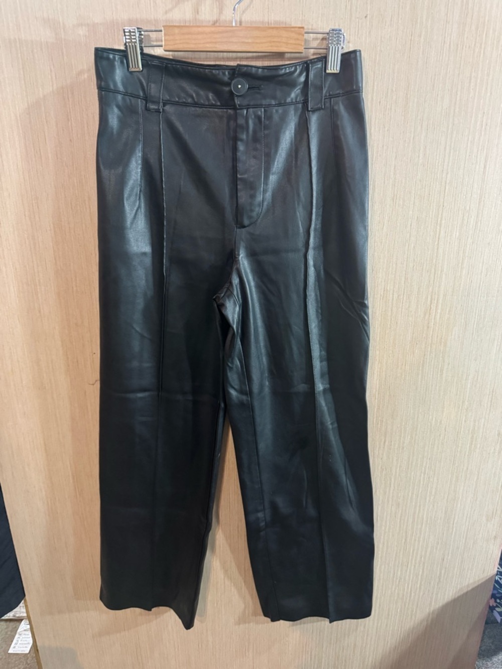 Zara Black Faux Leather High Rise Wide Leg Crop Pants Size Small